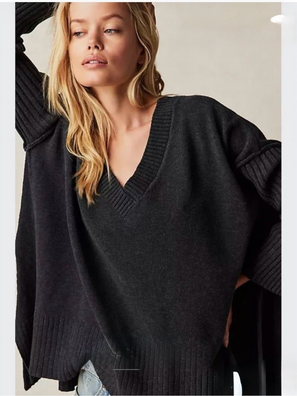 Free People V-Neck A-Line Tunic Sweater in Charcoal Black